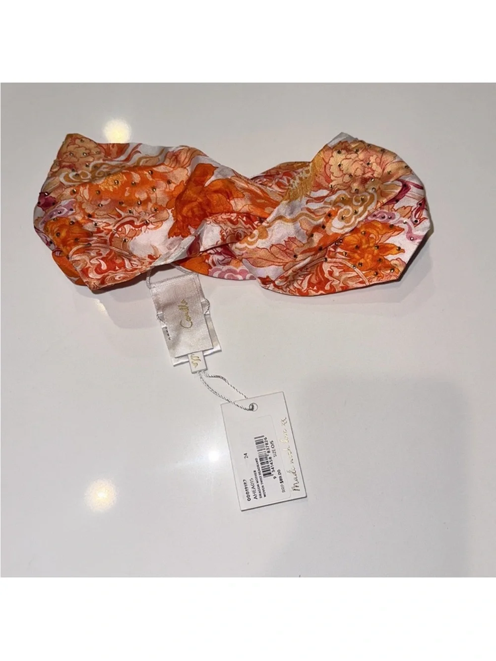 Camilla “Dragon Mother” orange white silk woven twist boho brunch headband
